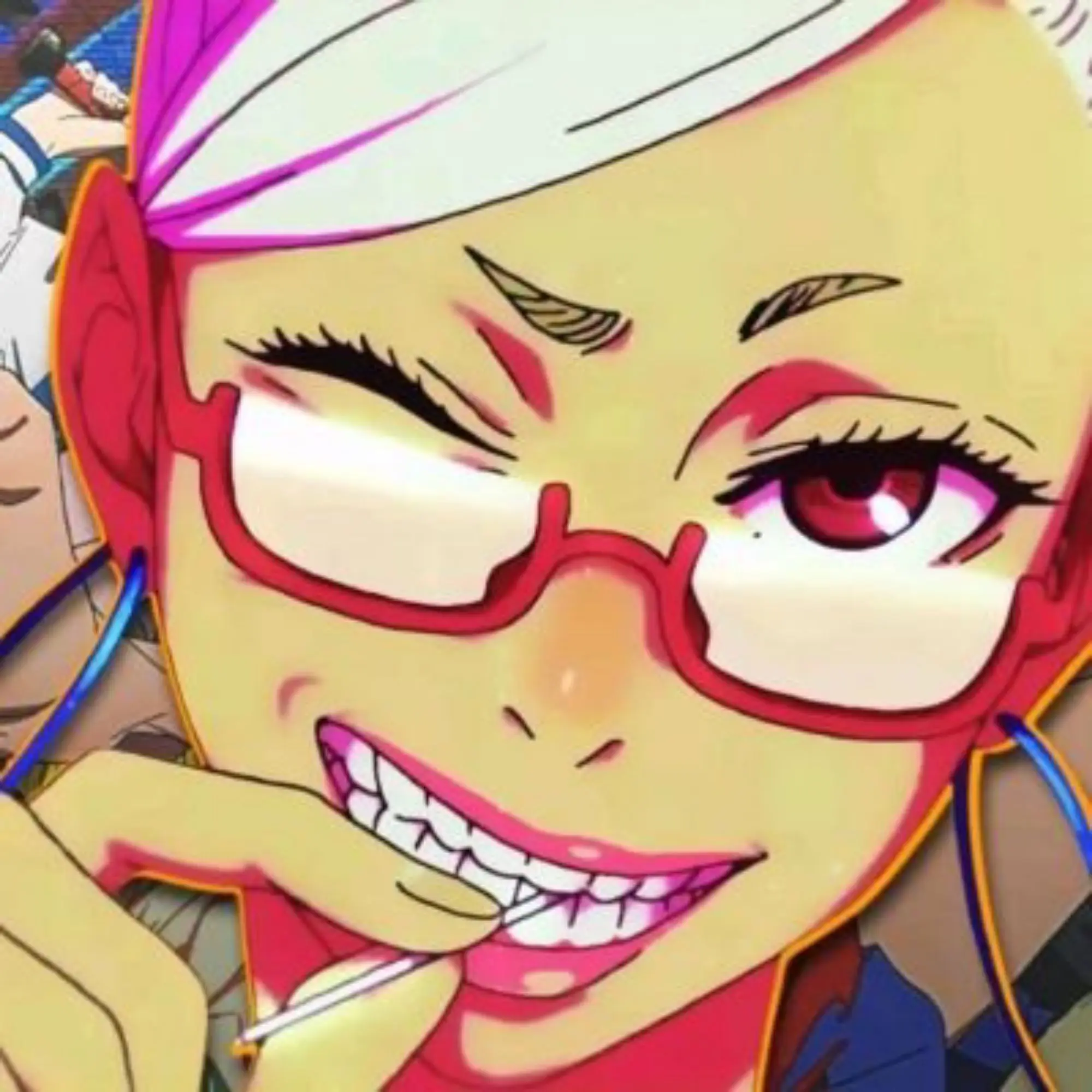 Orbis Mala avatar: an anime character in red glasses, winking and grinning with a toothpick.